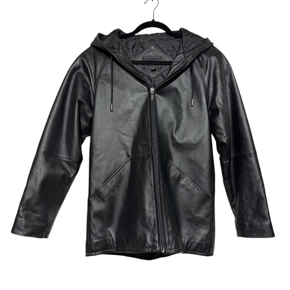 Outbrook Black Leather Hooded Jacket Coat Women Size S Full Zip Fall Classic‎